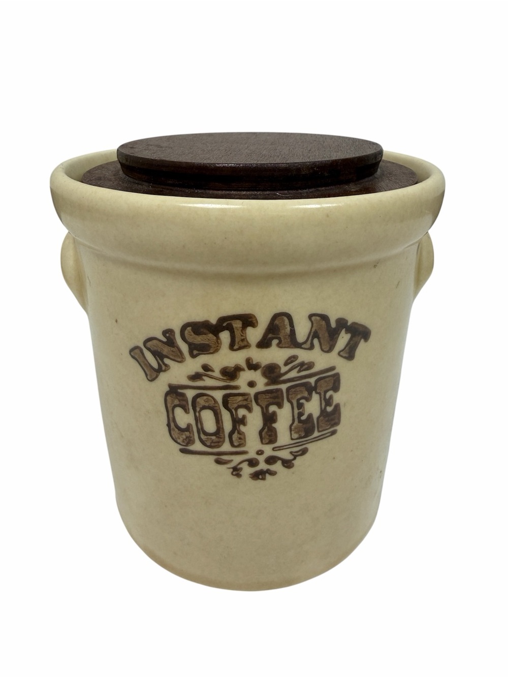 Vintage Instant Coffee Canister Ceramic Jar Wooden Lid Retro Kitchen Farmhouse